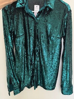 NWT!! Express Button-Front Long Sleeve - Emerald Green Sequin Top